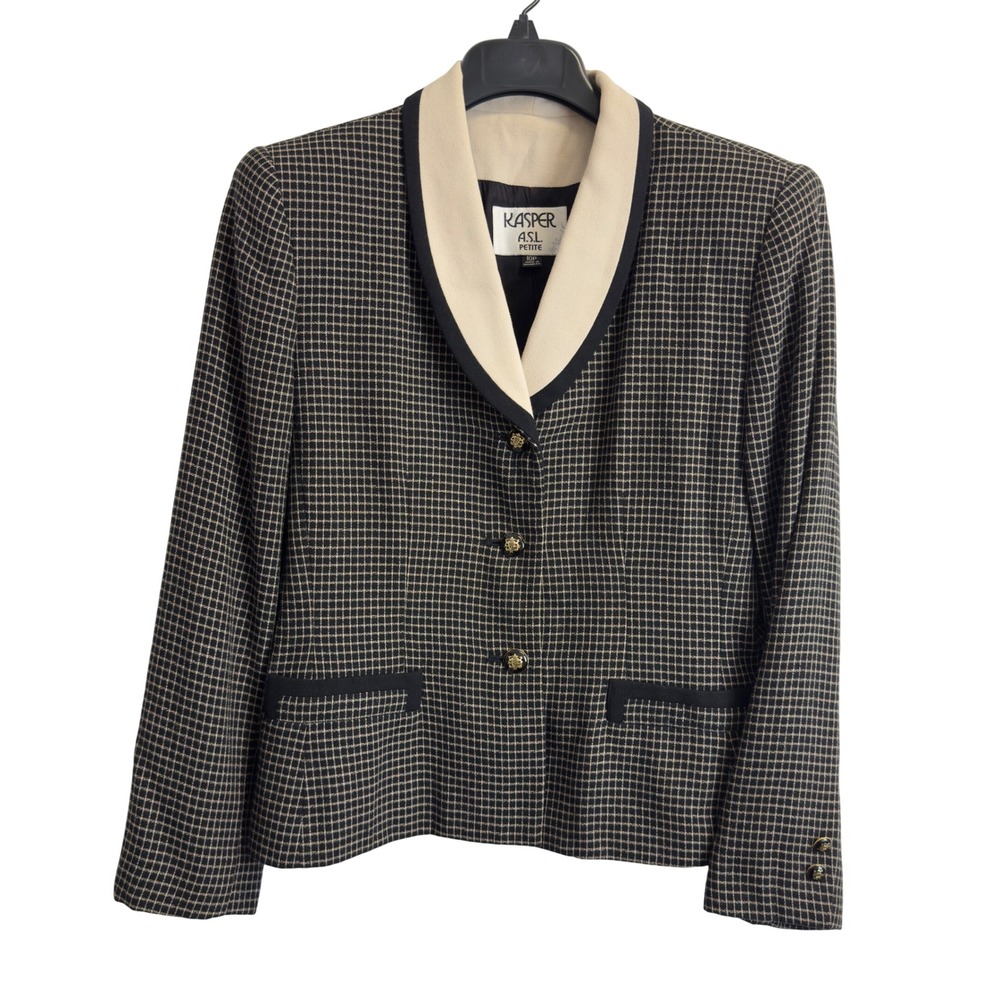 Kasper ASL Petite Blazer Grid Print Shawl Collar Gold Crest Button Jacket 10P